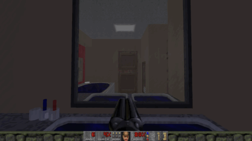 A screenshot from Doom My House where the player is staring into a bathroom mirror but is not reflected