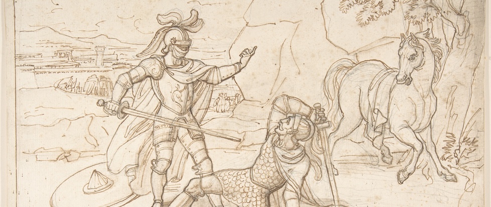 An old Italian drawing of a knight standing over another knight in victory with a horse looking on in anger and a little castle in the background.