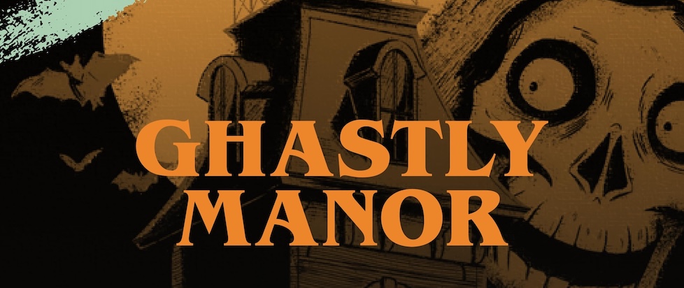 Key art for Ghastly Manor with the text of the game's name in the center and illustrations of bats, a haunted house rooftop, and a skeleton in a hood behind