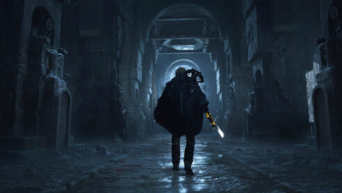 A screenshot from Hell is Us with a guy in a future poncho standing in a dark and wet alleyway with a little light sword