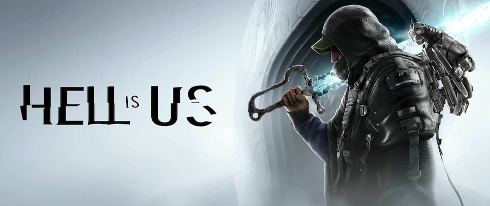 Key art for Hell is Us with a robed futuristic warrior in a hood and ballcap and lightsaber machete and robot backpack