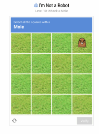 A screenshot from I'm Not a Robot on level 10 called Whack a Mole with 16 squares of images of green grass and one mole in the top right corner with instructions to selected all the squares with a Mole