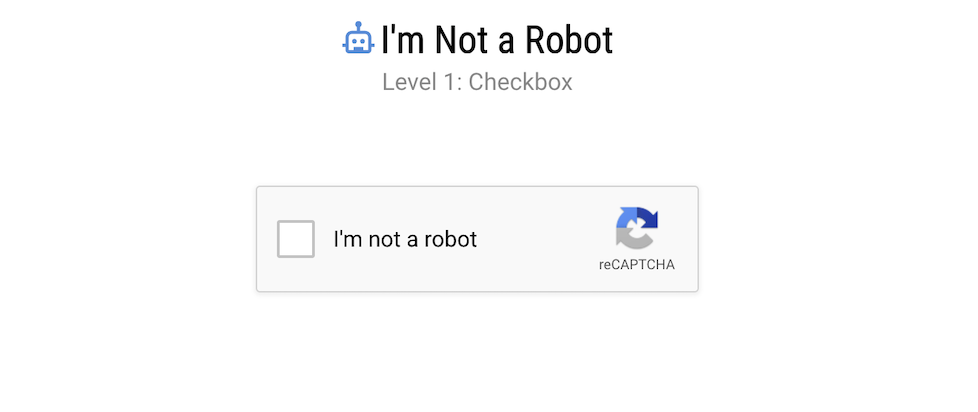 A screenshot of I'm Not a Robot, with the first level: a Captcha with a grey box and the reCAPTCHA logo and blue recycle arrows and a smaller tick box next to the text I'm not a robot