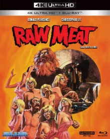 The 4K Blu-ray cover for Raw Meta (aka Death Line) with a painting of many strange people with white eyes and various levels of barely dressed pink on top of a still of the English Bobbies investigating the case