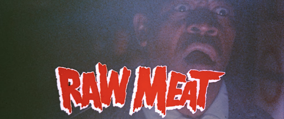 A screencap from the trailer for Raw Meat also known as Death Line with the title in bloody red and a police officer with a moustache staring forward in horror