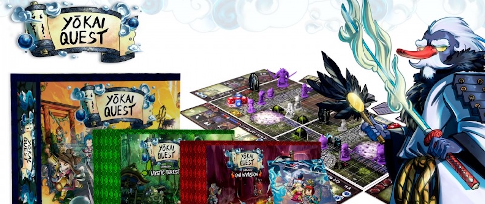 A photograph of Yokai Quest with a Tengu warrior with a glowing katana standing next to a board arrayed with many dice and cards and minis and boxes