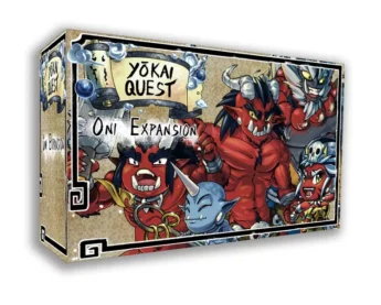 The box art for the Yokai Quest Oni expansion with several red ogres in an anime style with beards, horns, teeth, clubs and skulls all around