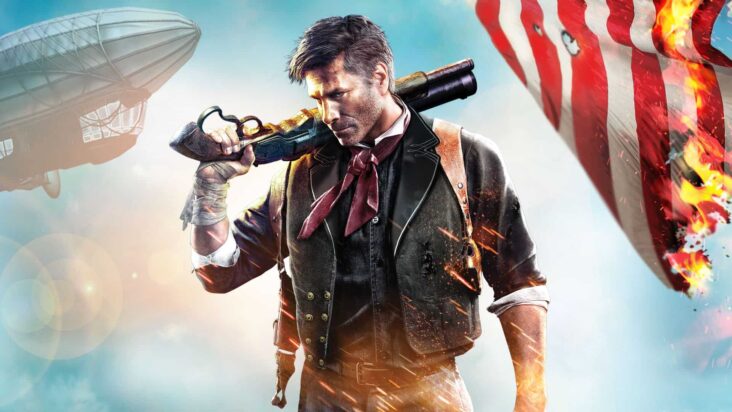 Key art from Bioshock Infinate shows protagonist Booker Dewitt standing beside an American flag with a shotgun resting on his shoulder.