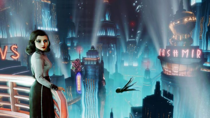 Elizabeth stands in front of the skyline of Columbia in this screenshot from Bioshock Infinite.