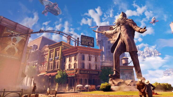 In a screenshot from Bioshock Infinite, a bronze statue holds metaphorical court in a city square.