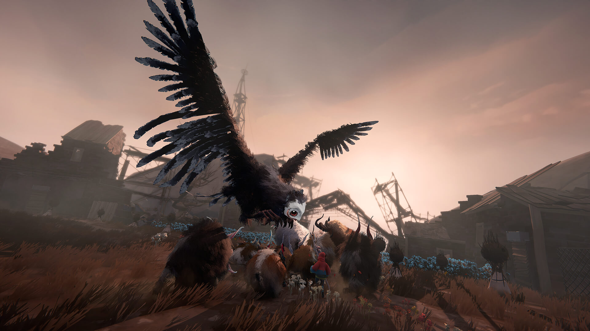 The herd is attacked by a giant owl-like creature in this screenshot from Herdling, the ruins of a post-apocalyptic settlement standing against the sunset behind the action.