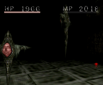A floating head with chubby cheeks and four spikes protruding up, down, left and right bobs in a dungeon in Shadow Tower.