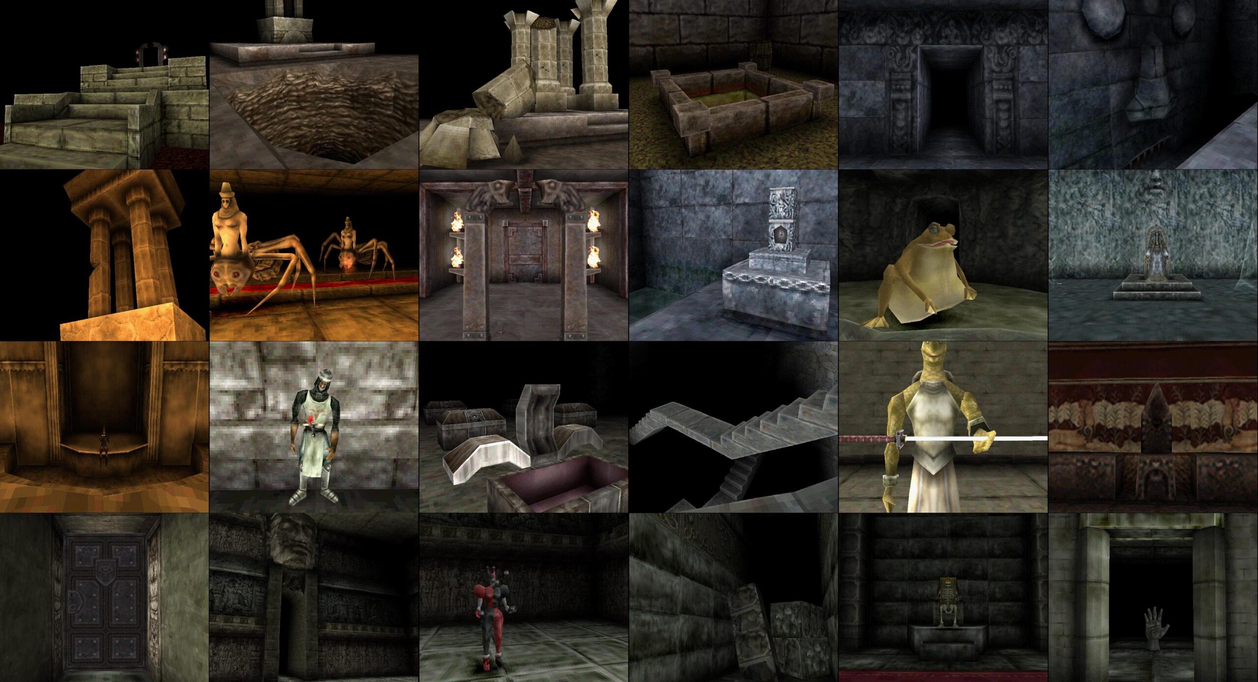 Several screenshots of the interior spaces of Shadow Tower are tiled together in a dark mosaic.