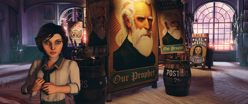 A screenshot from Bioshock Infinite shows Elizabeth sitting at a desk in front of a portrait of Marx.