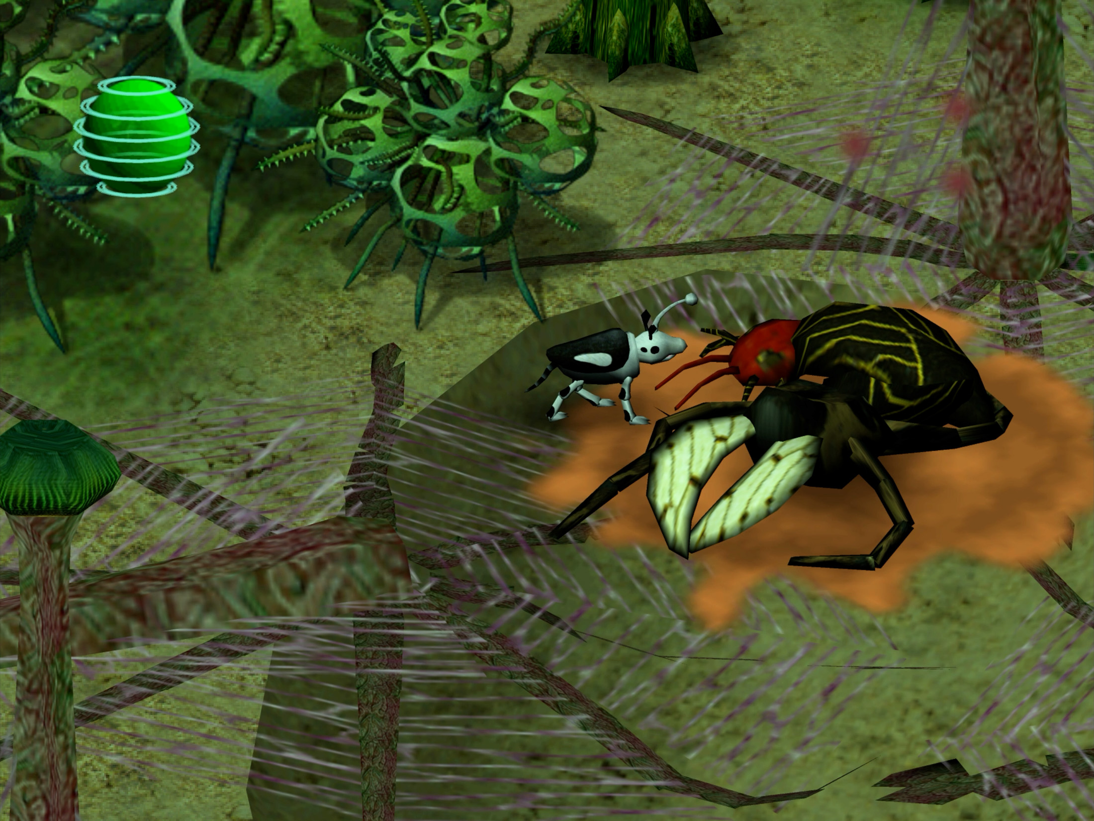 Another screenshot from Lack of Love shows a small black-and-white bug-like creature approaching a much larger spider-like predator with a red head and massive mandibles in a dense, alien forest.