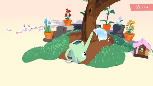 A screenshot from Henry Halfhead where Henry is in a green elephant watering can pouring on a treey and surrouned by plants in bots, a bird house, and bowling pins