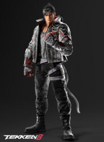 Key art for Jin Kazama in Tekken 8, standing tall and tough in a leather biker jacket and huge gauntlets and boots and lots of belts which as we all know are vital in a fist fight