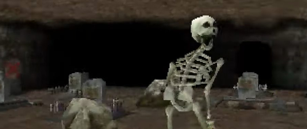 A skeleton stands, jaw agape, amongst several tombstones in a screenshot from Shadow Tower.
