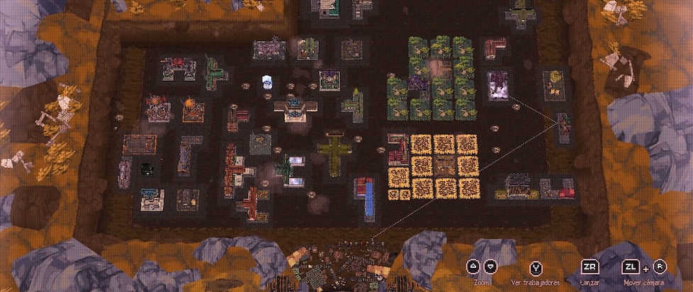 A screenshot from Ball x Pit showing the base Wallace is building with various plots for growing thisn, rooms, and line angles for throwing balls around