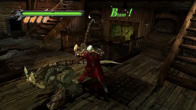 A screenshot from Devil May Cry where Dante is punching a demon while on an old wooden pirate ship with a Bravo combo