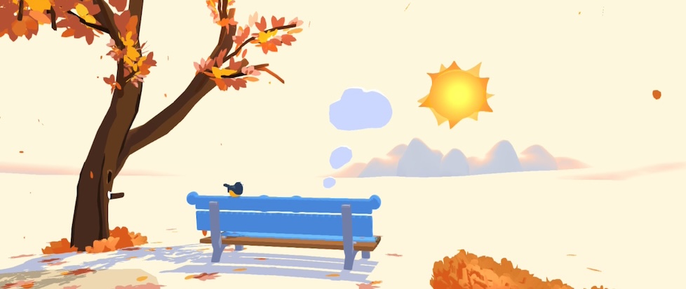 A screenshot from Henry Halfhead where Henry is sitting on a blue bench under a tree with orange leaves and a white landscape and sky