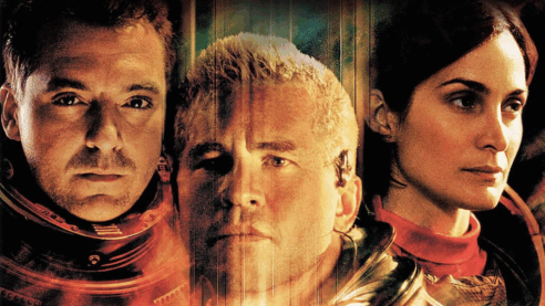 a crop from the poster for Red Planet with three astrunauts blended with an image of space all looking very worried