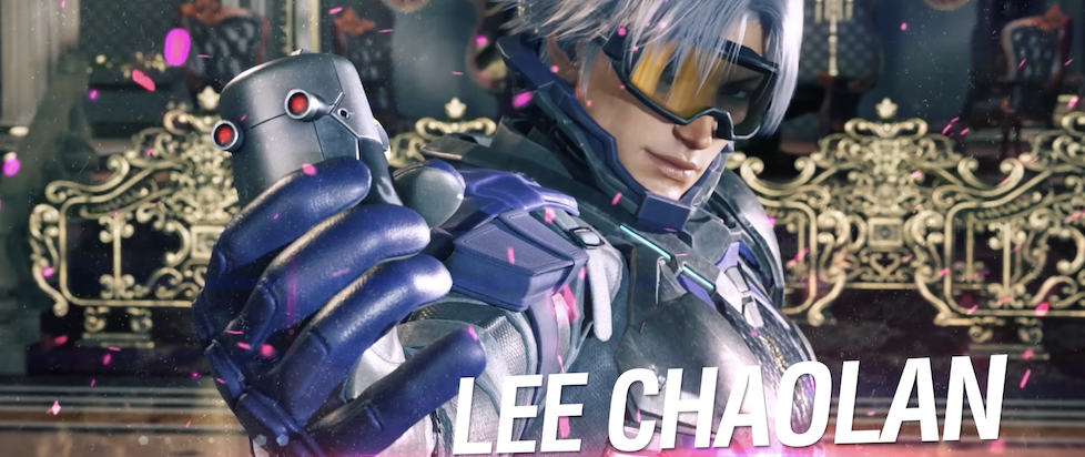 A screenshot from the trailer for Tekken 8 featuring Lee Chaolan wearing ski goggles and cyber body armor while holding a grenade in a room that looks like it's from the Palace of Versailles