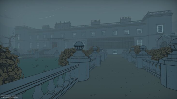 Another screenshot from Blue Prince shows a path through the garden of an old manor house in hazy evening light. The garden fence features several stone columns.