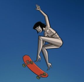 A poster for Layla shows the robot doing an ollie on a skateboard, the sky a deep blue behind her.