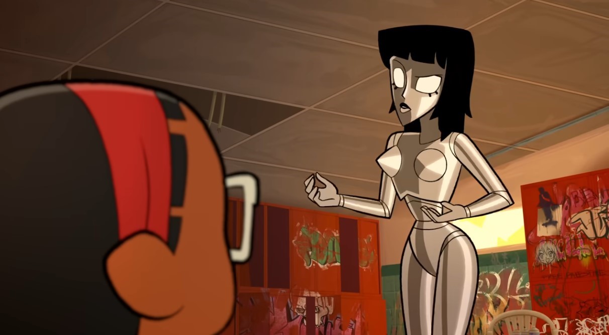 Layla speaks with a boy wearing a headband and glasses.