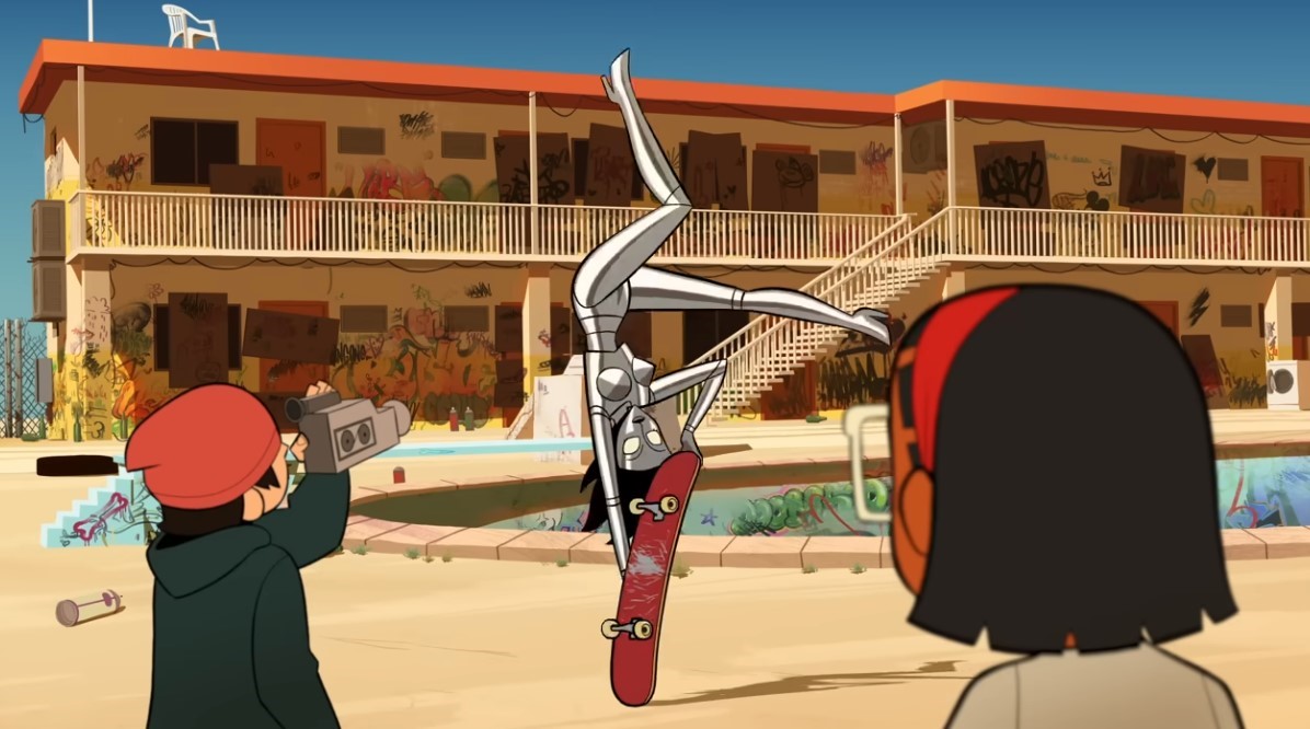 Layla flips over a skateboard as two kids look on, one of them filming the trick with a camcorder.