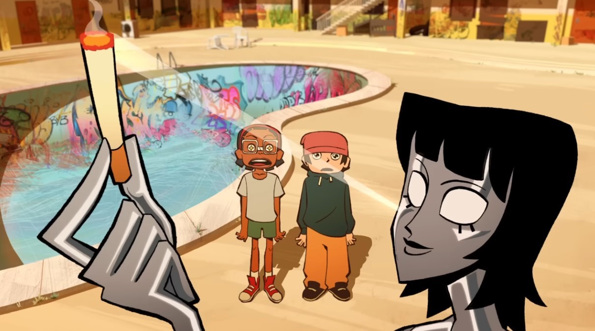 Layla lights a cigarette by reflecting a sunbeam off of her metallic face.