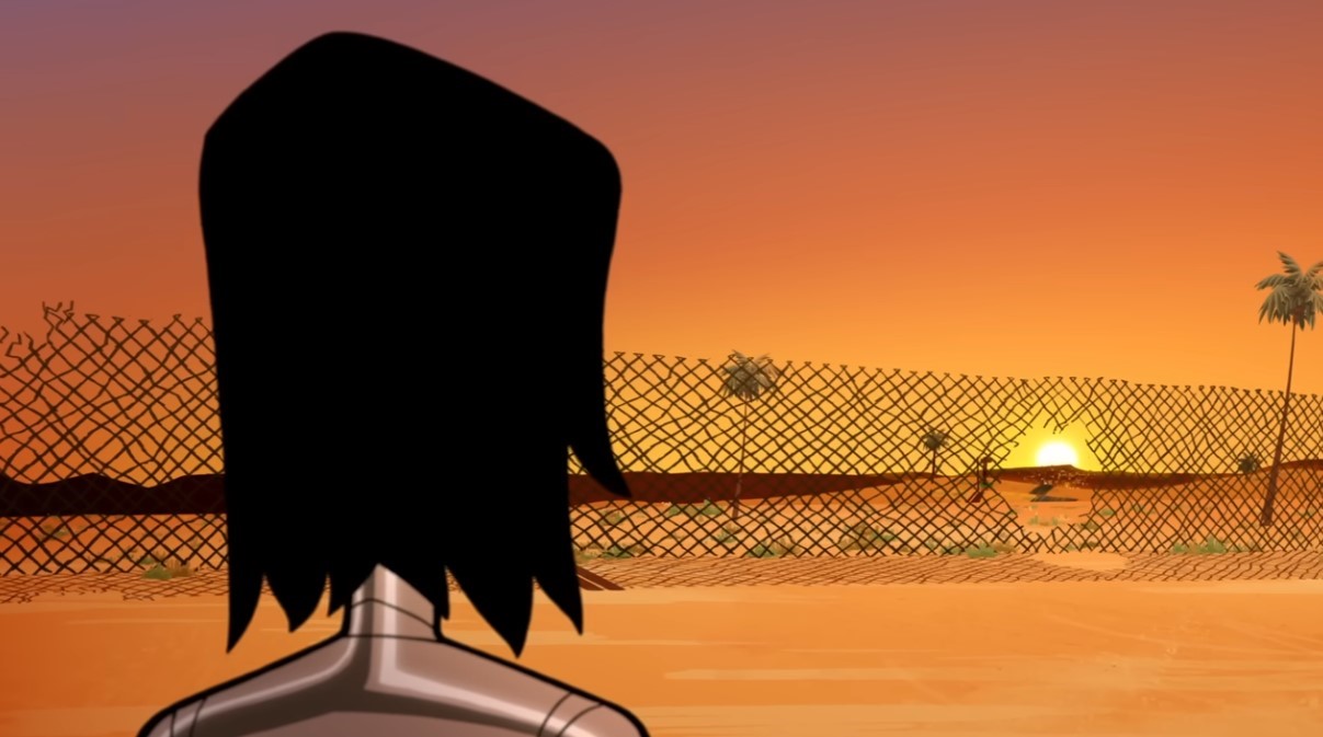 Layla looks out toward the setting sun through a large hole in a chain-link fence.