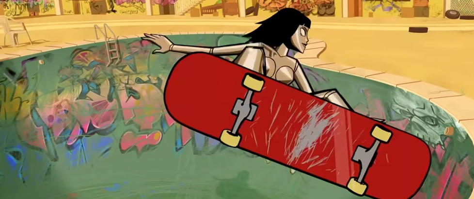 A still from the short film "Layla" shows the titular robot riding a skateboard in a skate park.