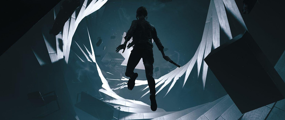 A screenshot from Control shows Jesse floating in a long hallway that spirals impossibly around her.