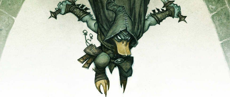 A duckbilled adventure swoops down from above, cape billowing behind like a medieval Darkwing Duck.