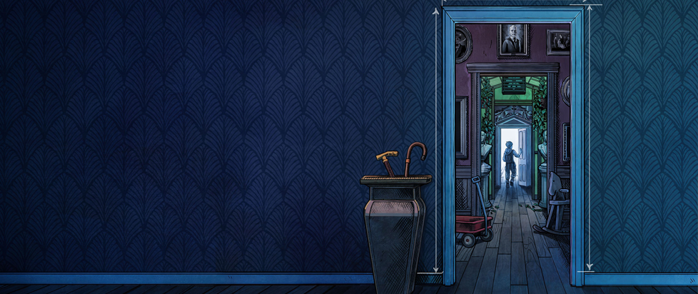 A screenshot from Blue Prince shows a view through an open door, which looks into a room with another open door, which looks into a room with another open door that has the silhouette of a man standing just inside the frame.