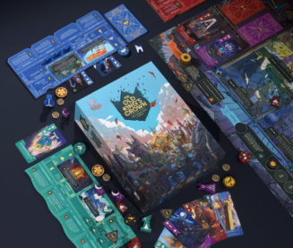 An image of the box and a few components of The Old King's Crown, with very rich blues in one player information board and a minty green in other, with matching cards and meeples all around