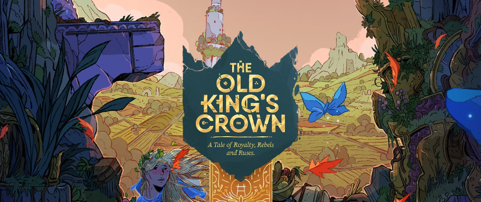 A cropped version of key art for the game The Old King's Crown with the name stylized as if hammered in metal in the middle over rolling green fields, ruins, plants, and a blond haired hero in a leafy crown