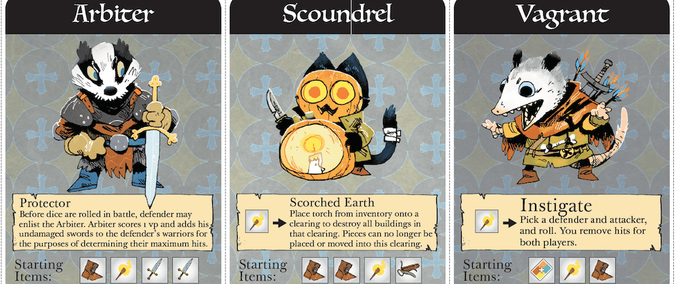 An image of 3 vagabond cards for Root, with the badger knight Arbiter on the left, the pumpkin masked cat Scoundrel in the center, and the wide mouthed opossum Vagrant on the right