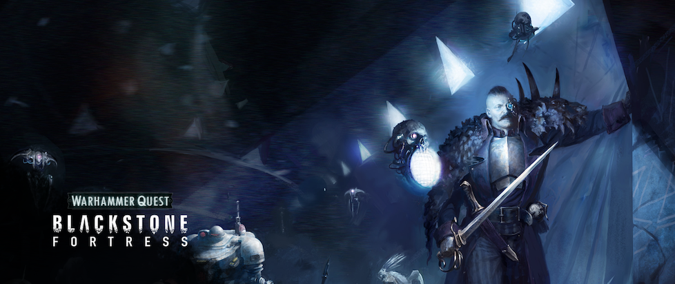 Press art for Warhammer Quest Blackstone where a Knight in armor with a fancy sci fi monocle is flanked by floating skulls with lights and peering in the dark towards his enemies