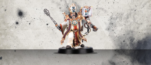 A mini from Blackstone Fortress a future cleric with both a minigun and a religious book way scary
