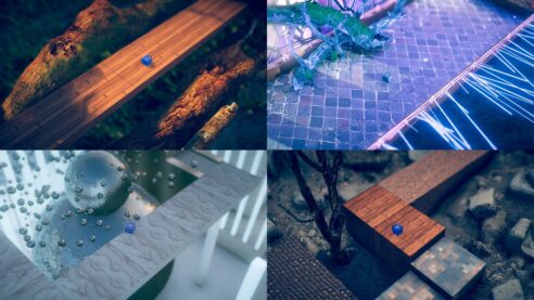 A collage of four images from Zarvot, with a blue square with a heart on it at the center of each image. Top left is a woodland scene with the block on a wooden path, top right is a stone tiled roat surrounded by lazer fences, tbottom left is a surreal droplet liquid zone, and bottom right is a combination of brick, wood, and tile
