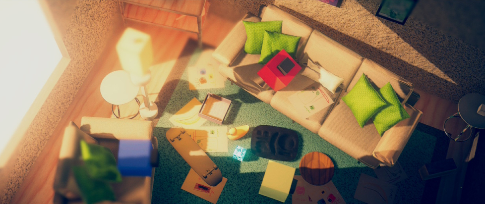 A screenshot from Zarvot with the red cube on a couch surrounded by drawings and the blue cube across on a lounge chair with a skateboard underfoot as the late afternoon light streams in