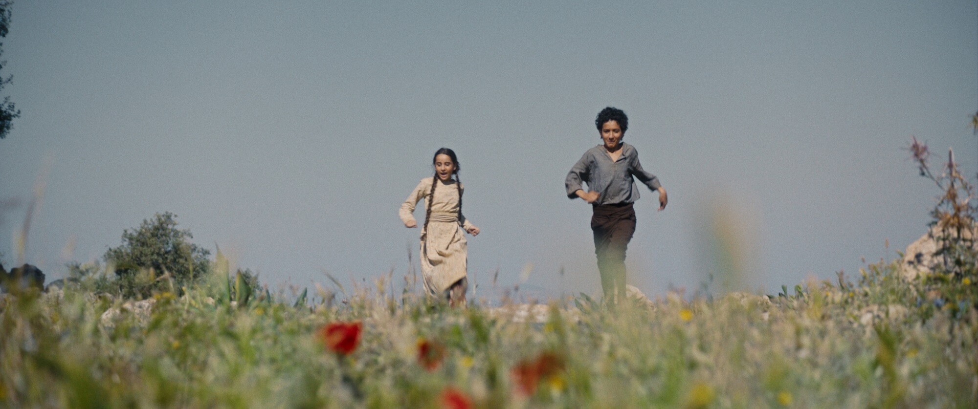 Two children run through a grassy field dotted with red flowers in a scene from Palestine 36.