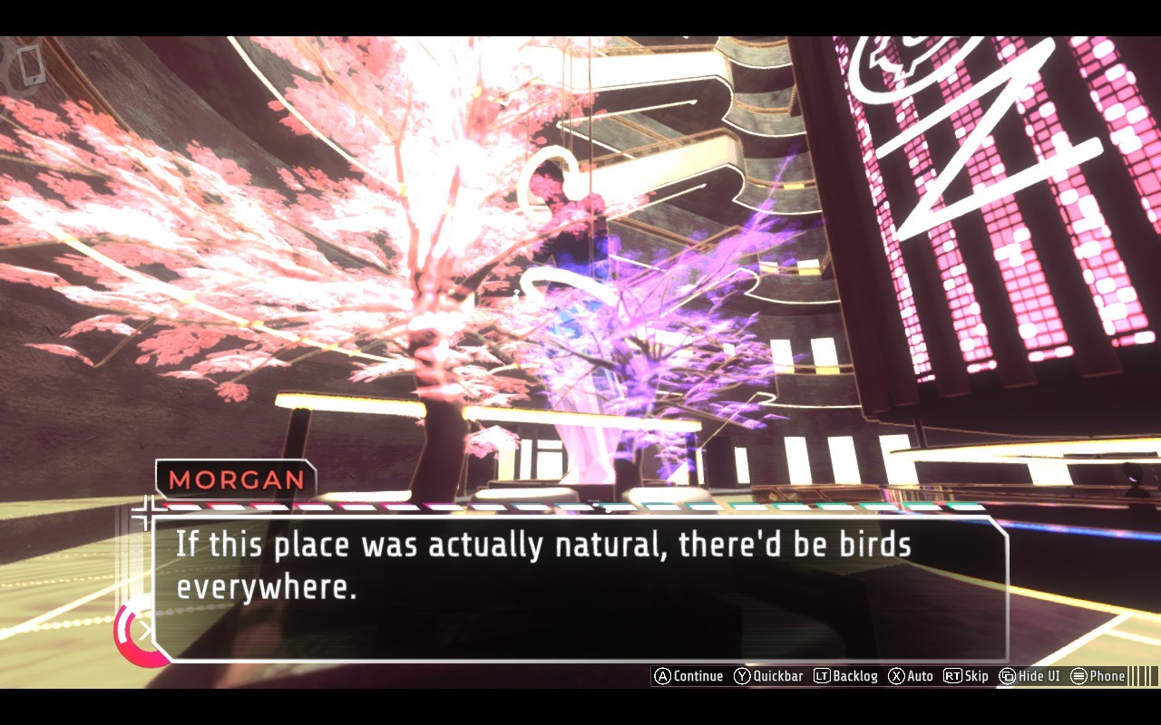 A screenshot from Starvaders shows a neon-lit tree with a blurry figure next to it. A dialogue box for the character Morgan says, "if this place was actually natural, there'd be birds everywhere."