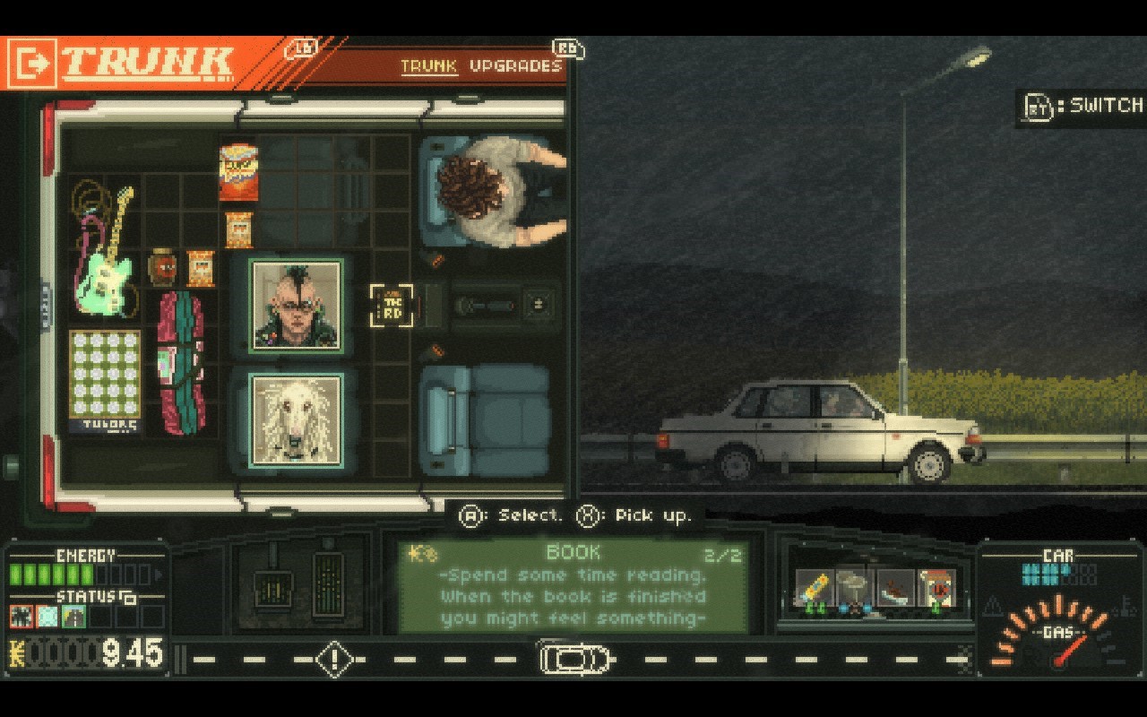 A screenshot from Keep Driving shows a split-screen of the junker the player is driving on one side and a grid showing what's placed in the trunk on the other.