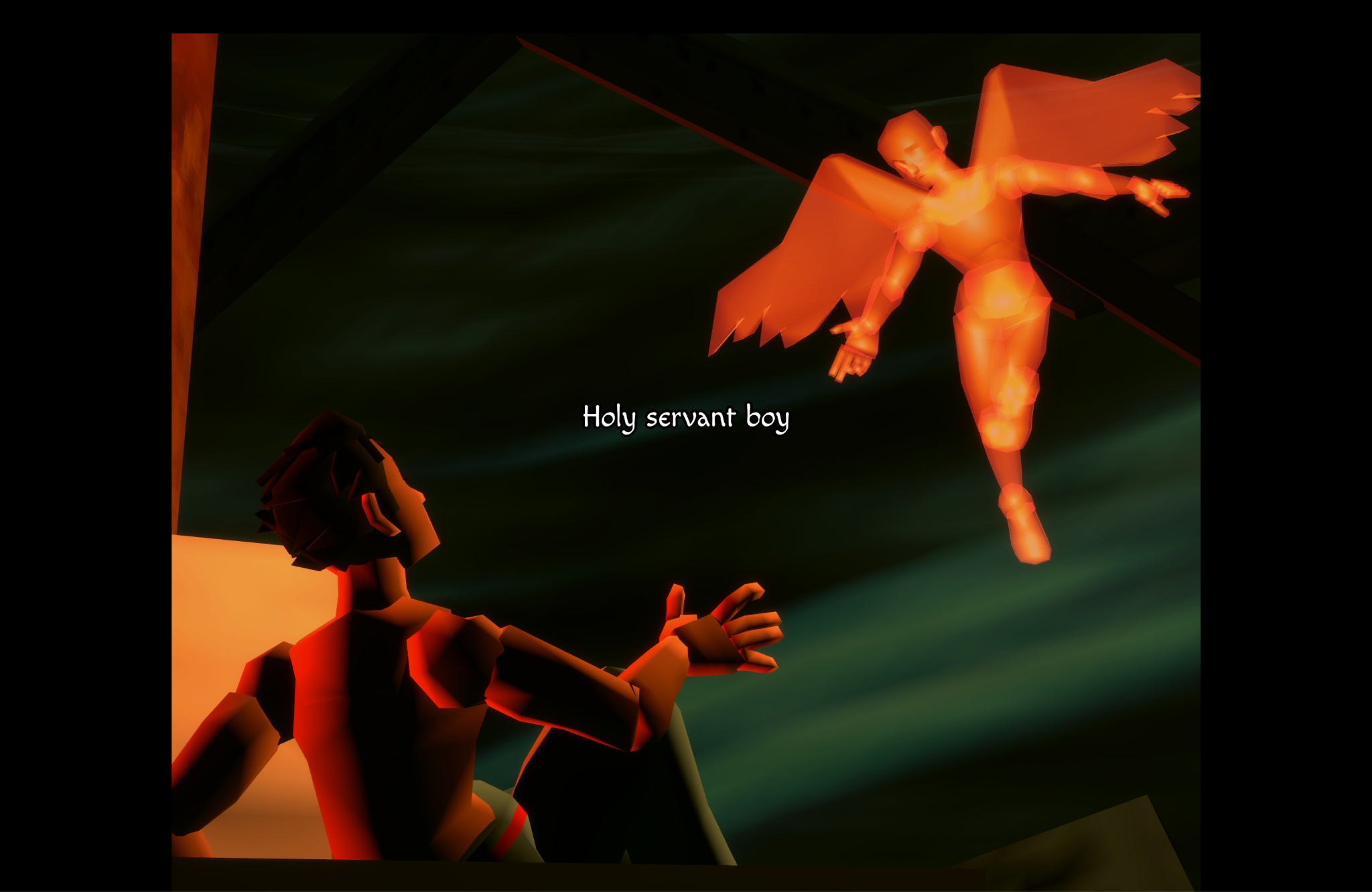 Tets looks up at an angel in flight, agast. Written in the center of the screen is the phrase "Holy servant boy" in script.
