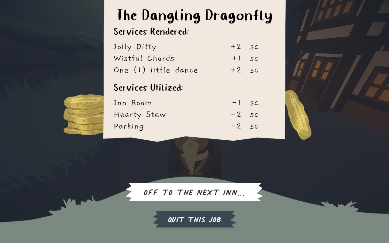 A screenshot from Frog Bard shows the eponymous bard's tallied earnings and expenditures written on a scrap of stationary from an inn called The Dangling Dragonfly.