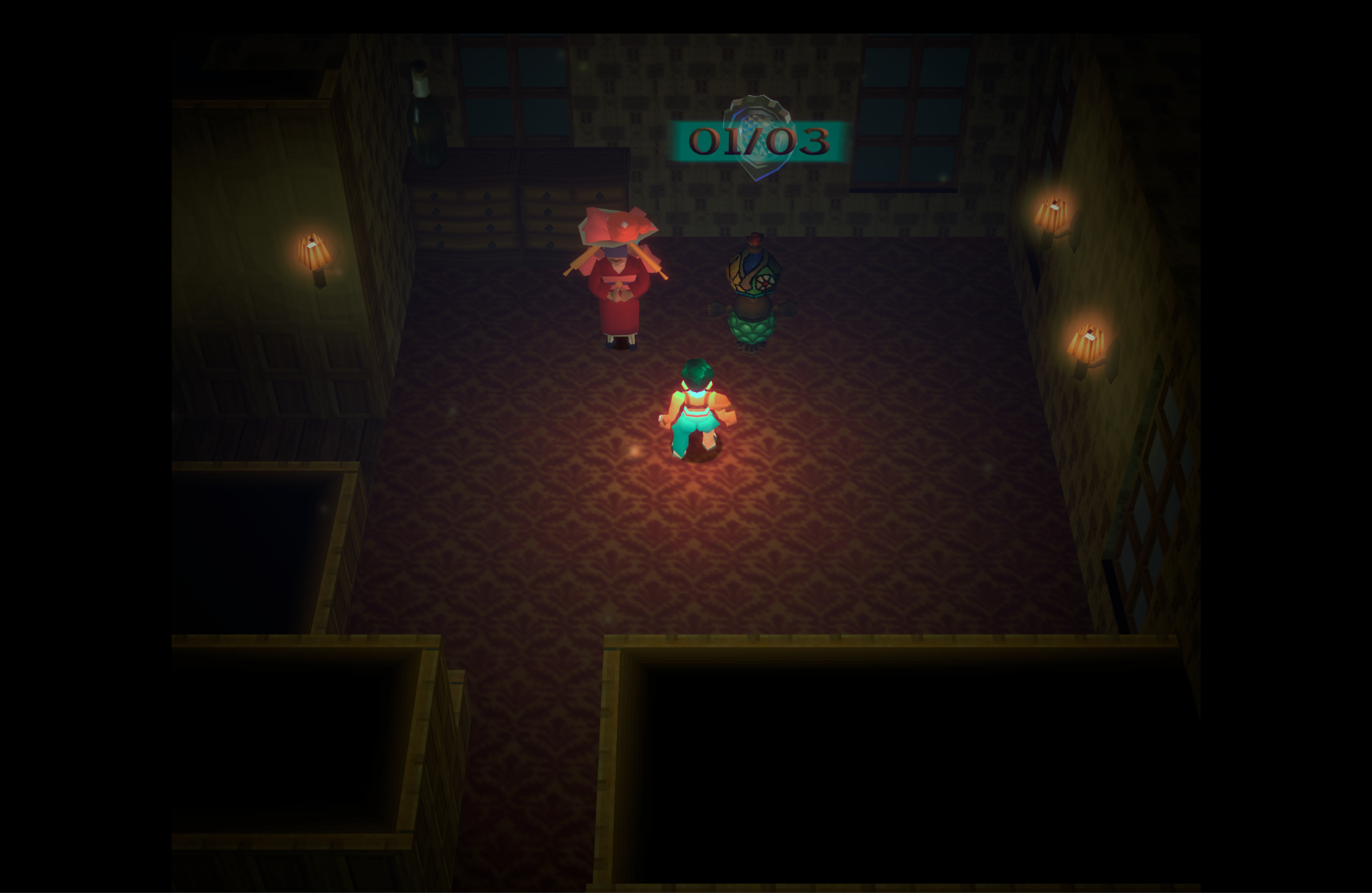 The player character stands in a candlelit room with two NPCs dressed in ornate Japanese clothes.